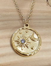 Load image into Gallery viewer, Gold Celestial Moon Sun Round Pendant Necklace with Cubic Zircon
