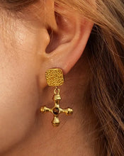 Load image into Gallery viewer, Chunky Natural Stone Cross Earrings  (Tiger Eye, Green Agate)
