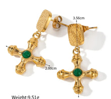 Load image into Gallery viewer, Chunky Natural Stone Cross Earrings  (Tiger Eye, Green Agate)
