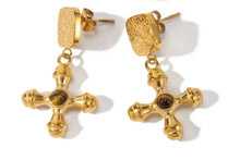 Load image into Gallery viewer, Chunky Natural Stone Cross Earrings  (Tiger Eye, Green Agate)
