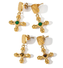 Load image into Gallery viewer, Chunky Natural Stone Cross Earrings  (Tiger Eye, Green Agate)
