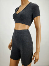 Load image into Gallery viewer, Short Sleeve Crop Top and Biker Shorts Two Piece Set (Charcoal)
