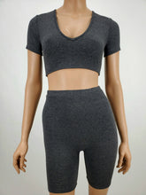 Load image into Gallery viewer, Short Sleeve Crop Top and Biker Shorts Two Piece Set (Charcoal)
