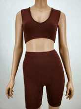 Load image into Gallery viewer, Vee Neck Crop Tank and Biker Short Two Piece Set (Chocolate)
