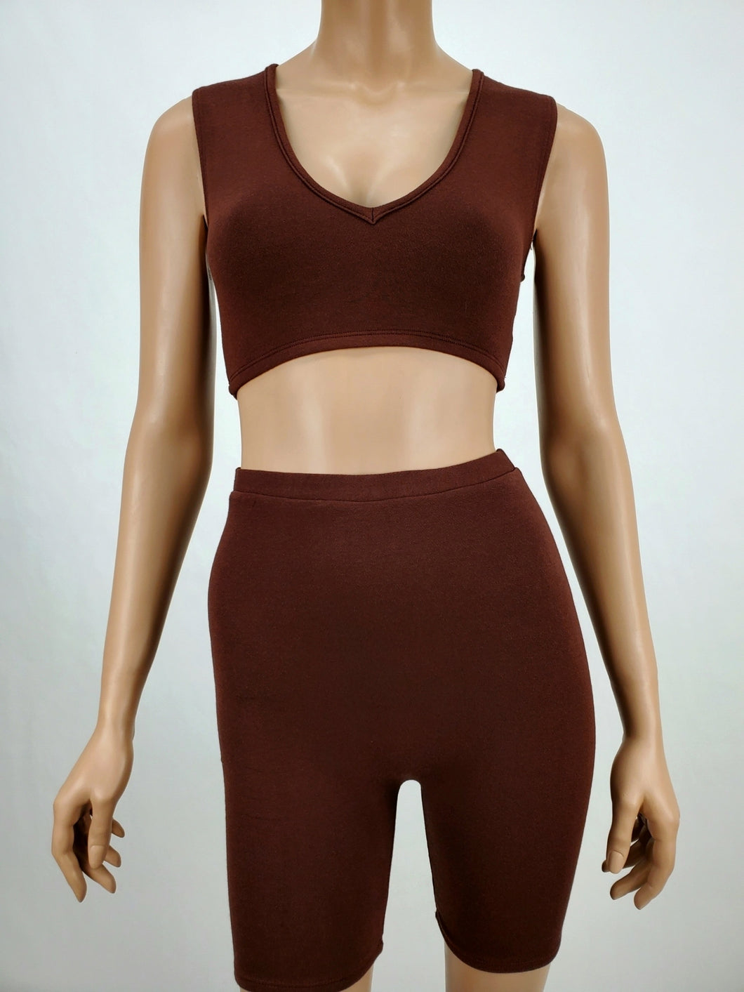 Vee Neck Crop Tank and Biker Short Two Piece Set (Chocolate)