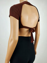 Load image into Gallery viewer, Backless Tie Back Short Sleeve Crop Top Chocolate
