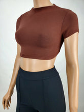 Load image into Gallery viewer, Backless Tie Back Short Sleeve Crop Top Chocolate
