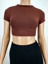 Load image into Gallery viewer, Backless Tie Back Short Sleeve Crop Top Chocolate
