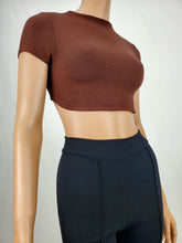 Load image into Gallery viewer, Backless Tie Back Short Sleeve Crop Top Chocolate
