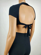 Load image into Gallery viewer, Backless Tie Back Short Sleeve Crop Top Black
