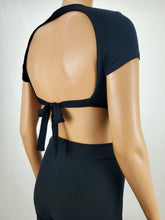 Load image into Gallery viewer, Backless Tie Back Short Sleeve Crop Top Black
