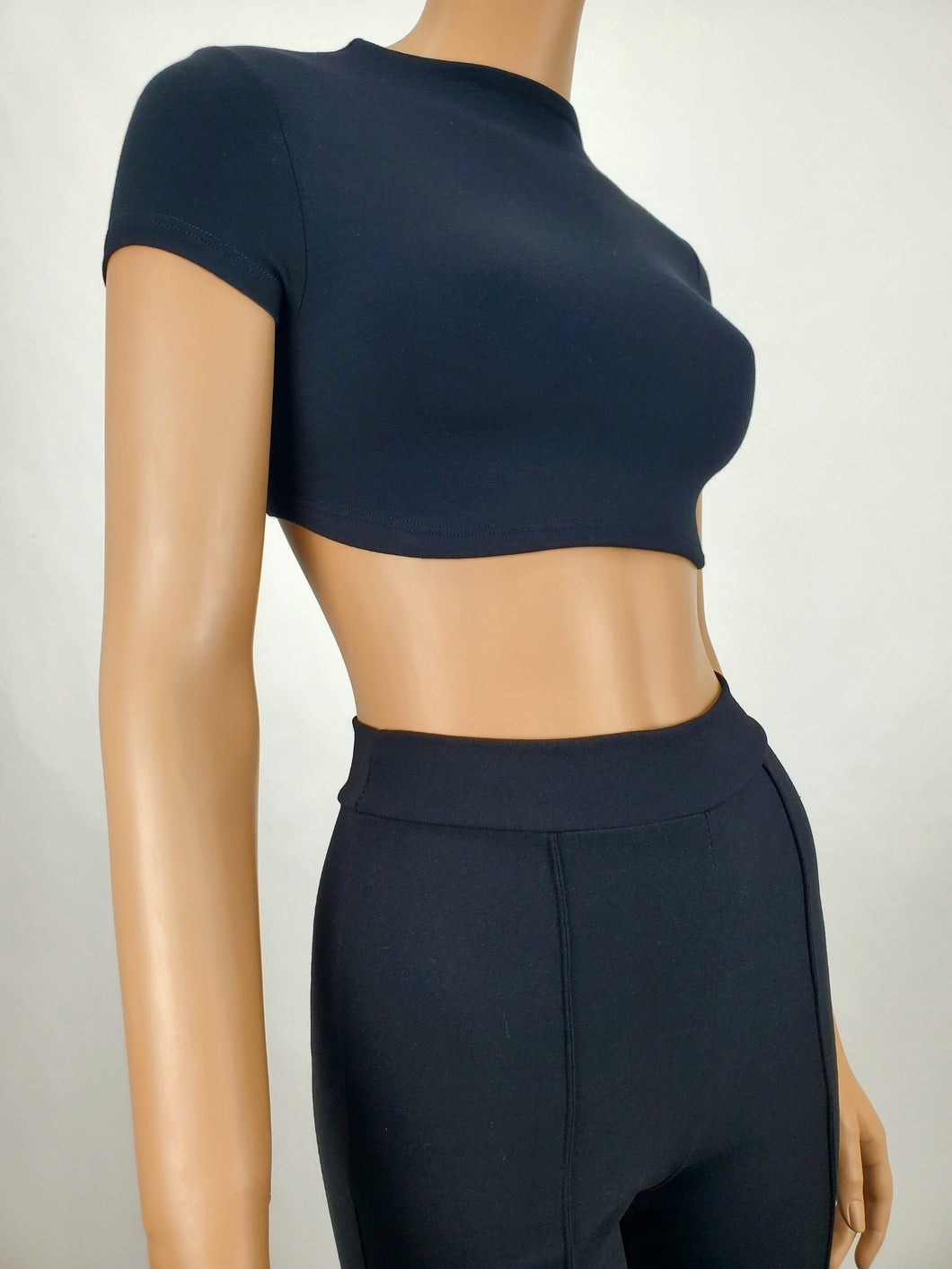 Backless Tie Back Short Sleeve Crop Top Black