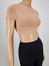 Load image into Gallery viewer, Backless Tie Back Short Sleeve Crop Top Nude
