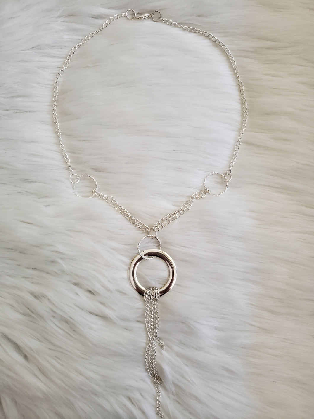 Silver Color 3 Ring Necklace with Bottom Metal Fringe