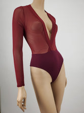 Load image into Gallery viewer, Deep V-Neck Mesh Bodysuit with Contrast (Wine)
