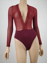 Load image into Gallery viewer, Deep V-Neck Mesh Bodysuit with Contrast (Wine)

