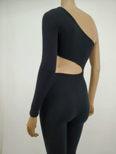 Load image into Gallery viewer, Off Shoulder One Long Sleeve Asymmetrical Jumpsuit (Black)
