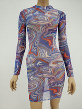 Load image into Gallery viewer, Long Sleeve Crewneck Mesh Dress (Blue Multi)
