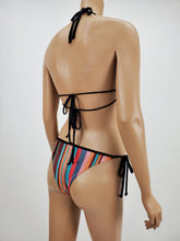 Load image into Gallery viewer, Black Binding Multicolor Stripe Halter Bikini Swimsuit (Multicolor)
