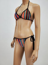 Load image into Gallery viewer, Black Binding Multicolor Stripe Halter Bikini Swimsuit (Multicolor)
