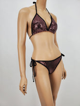 Load image into Gallery viewer, Black and Pink Metallic Halter Bikini Swimsuit with Black Binding (Black/Pink)
