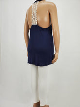 Load image into Gallery viewer, Scoop Neck Front Print Crochet Lace Eyelet Racerback Tank Top Plus Size (Navy)
