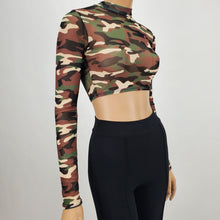 Load image into Gallery viewer, Camouflage Mock Neck Mesh Long Sleeve Crop Top
